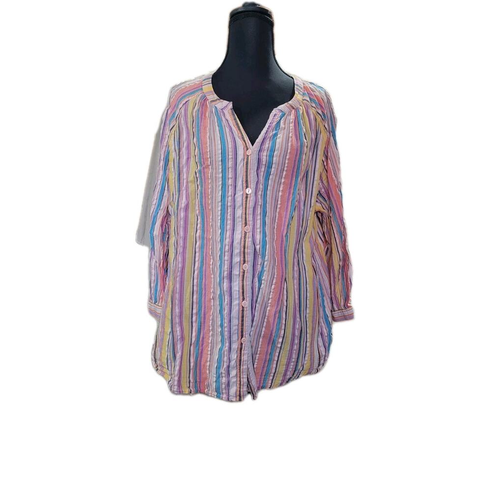 Chicos Womens Size 3 Pastel Preppy Coastal Striped Long Sleeve Tunic Blouse